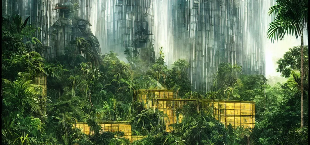 Prompt: futuristic shinny golden building in an jungle landscape of a biopunk city by bouguereau, movie poster, film still