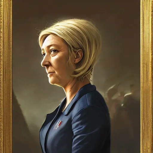 Prompt: Portrait of Marine le Pen , french revolution, heroic, amazing splashscreen artwork, splash art, head slightly tilted, natural light, elegant, intricate, fantasy, atmospheric lighting, cinematic, matte painting, detailed face, by Greg rutkowski