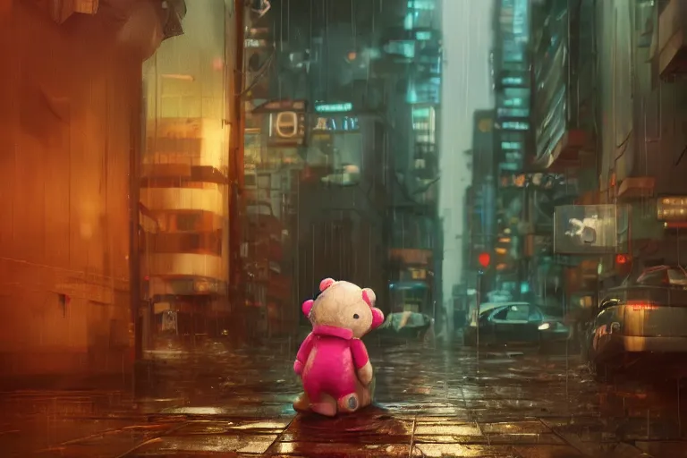 Prompt: a little girl huggin her teddy bear sitting in the rainy streets of a cyberpunk dystopia, sad, hopeful, vibrant, very detailed, award winning, artstation, 8k