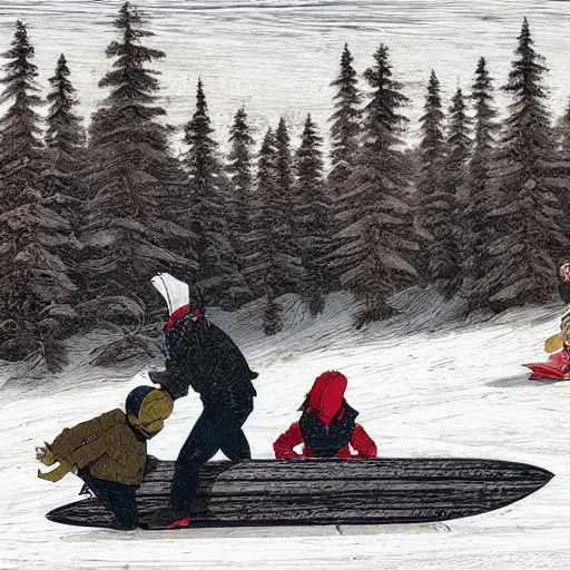 Image similar to Pogg and Yuurei sledding in Canada, 4k, sharp focus,woodcut art, greg rutkowski