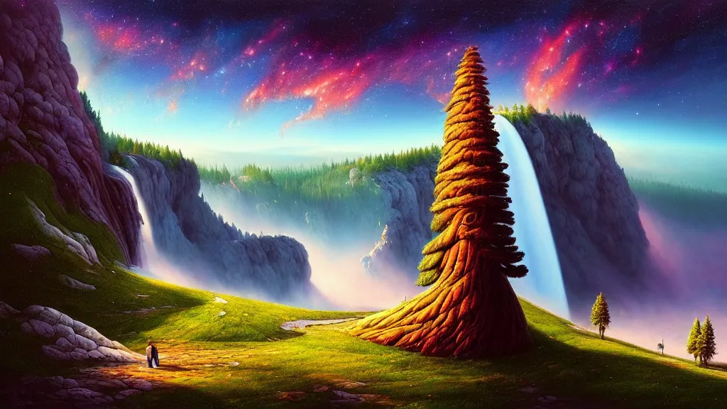 Prompt: gediminas pranckevicius an landscape view, colorful sky, galaxies and star in the sky, immense waterfall, giant sequoia, massive mountains, epic composition, 4 k, detailed, realistic