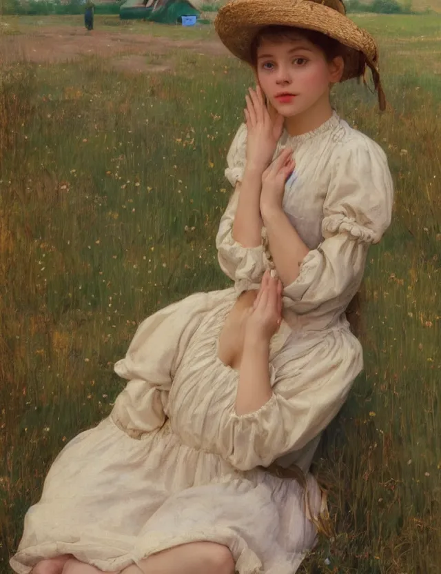 Image similar to girl peasant girl with décolleté showing shhh 🤫 sign, portrait , lolita aesthetics, Cottage, Cinematic focus, Polaroid photo, vintage, neutral colors, soft lights, foggy, by Steve Hanks, by Serov Valentin, by lisa yuskavage, by Andrei Tarkovsky, by Terrence Malick, 8k render, detailed, oil on canvas