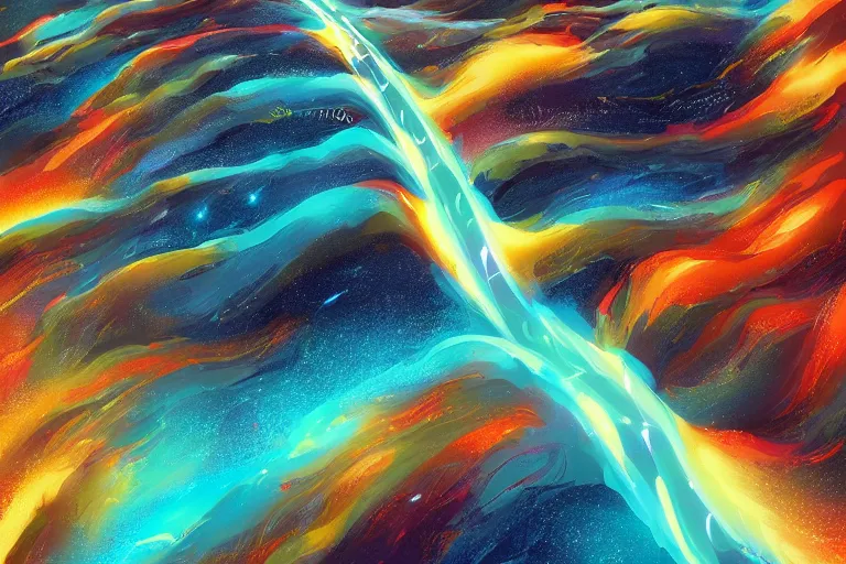 Image similar to an impression of data lines flowing in space, light spots flowing alongside the lines, implying the flow of ever long connection, trending on artstation, flowing within an interstater clouts!, making it's way across the vast universe, by cyril rolando