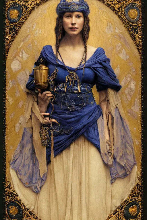 Image similar to portrait of the last queen of the dawn mountains with her lantern and regalia, by Annie Swynnerton and John Bauer and John William Godward and Donato Giancola and Vermeer, embroidered velvet, iridescent beetles, rich color, ornate headdress, flowing robes, lost runes, ancient civilizations, dramatic cinematic lighting, featured on Artstation, cgisociety, extremely detailed