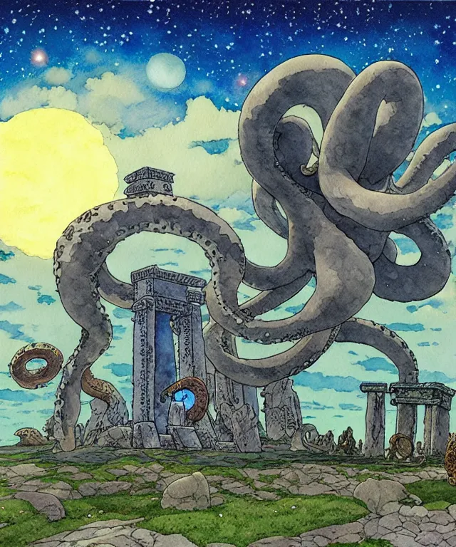 Image similar to a hyperrealist studio ghibli watercolor fantasy concept art. in the foreground is a giant grey octopus lifting and putting stones in to place on top of stonehenge with a starry sky. by rebecca guay, michael kaluta, charles vess