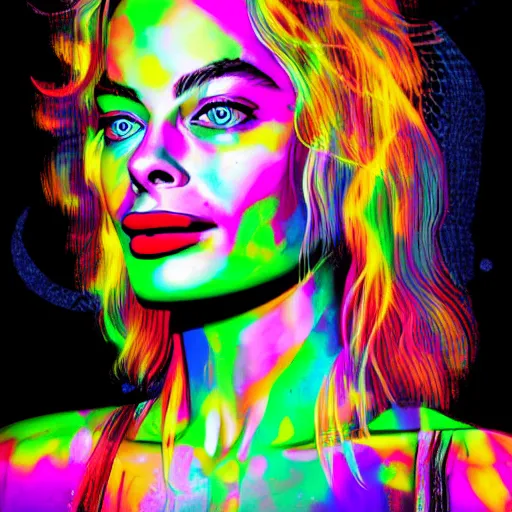 Prompt: Long Shot of psychodelic Margot Robbie in mysterious astral temple jumpin with pistol in river of chromatic SPIRITS , beautiful, dmt, trending on artstation, omnious, soft, hypermaximalistic, high details, cinematic, 8k resolution, artwork by Wong, Liam