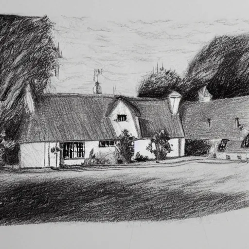 Image similar to pencil sketch, English country farm house near a road, two story, garages to the right