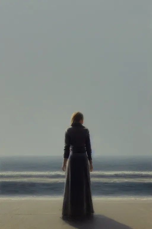 Image similar to painting of a woman standing at the end of a pier, she is visible from behind and from distance, the sea surrounding the pier is calm, soft evening light, volumetric lighting, style of greg rutkowski