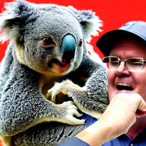 Image similar to scott morrison battles an angry koala over a wad of money