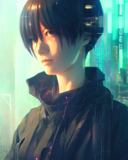 Image similar to kyoto animation, cool lady wearing cyberpunk intricate warcore, beautiful, detailed portrait, cell shaded, 4 k, concept art, by wlop, ilya kuvshinov, artgerm, krenz cushart, greg rutkowski, pixiv. cinematic dramatic atmosphere, sharp focus, volumetric lighting, cinematic lighting, studio quality