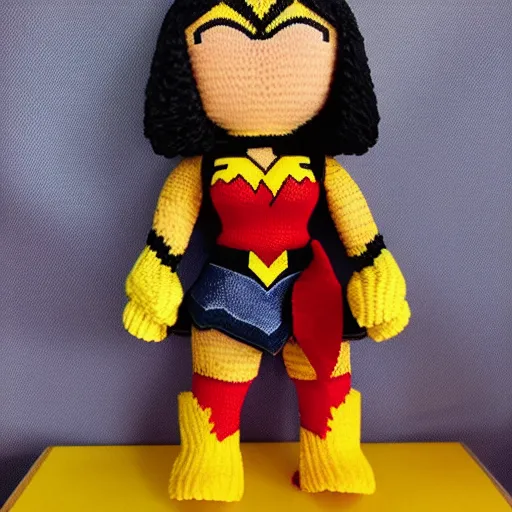 Prompt: plushie of gal gadot wonder woman made of plushie a knitted plushie studio lighting