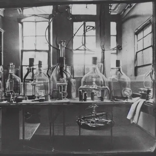 Image similar to and old victorian laboratory with lots of medical instruments, human heads in jars, one head is alive and looking at the camera