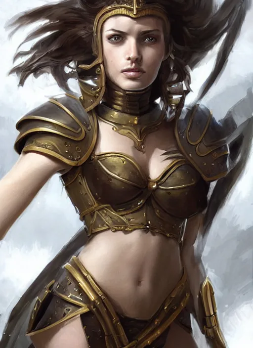 Prompt: a professionally painting of an attractive young girl, partially clothed in battle armor, olive skin, long dark hair, beautiful bone structure, perfectly proportioned, nubile body, symmetrical facial features, intricate, elegant, heroic pose, digital painting, concept art, smooth, sharp focus, finely detailed, from Warhammer, in the style of Artgerm and Greg Rutkowski and William-Adolphe Bouguerea