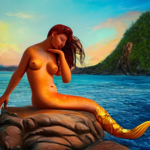 Prompt: a beautiful painting of a mermaid sits on a rock and stares at the island, sunset lighting, rim light, hyper realistic, 1 0 5 mm, amazing