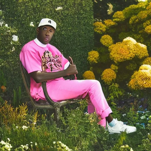 Image similar to A photo of Tyler the Creator sitting in the middle of a garden, 8K concept art, dreamy, garden, bushes, flowers, golden hour, vintage camera, detailed, UHD realistic faces, award winning photography, cinematic lighting