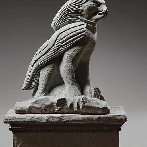 Image similar to a stone sculpture of a winged panther sitting on a pedestal with intricate carvings and fine detail