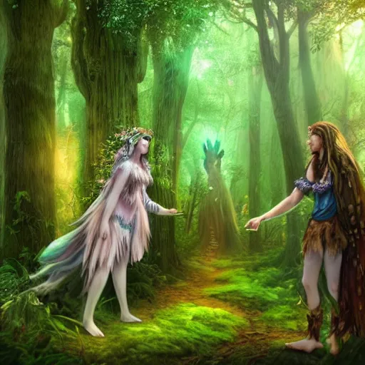 Image similar to a pretty mystical forest druid meeting a wanderer in her grove, highly detailed, photorealistic