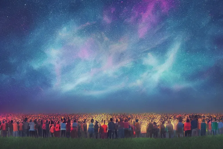 Image similar to many lights in a field, a large group of people standing in front of a sky filled with stars, a matte painting by beeple, unsplash, space art, 3 8 4 0 x 2 1 6 0, glowing lights, like fireflies, octane render