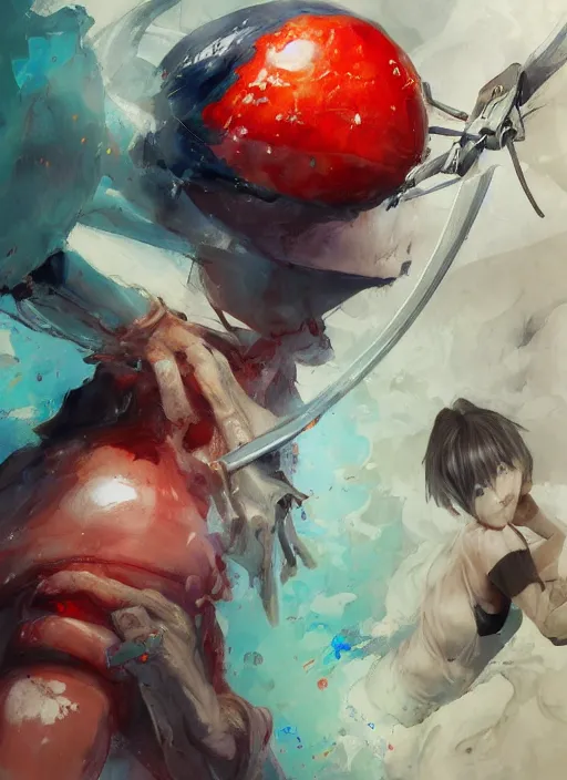Image similar to semi reallistic gouache gesture painting, by yoshitaka amano, by ruan jia, by conrad roset, by dofus online artists, detailed anime 3 d render of an alien monstrous using a katana to cut a watermelon, portrait, cgsociety, artstation, rococo mechanical, digital reality, sf 5 ink style, dieselpunk atmosphere, gesture drawn