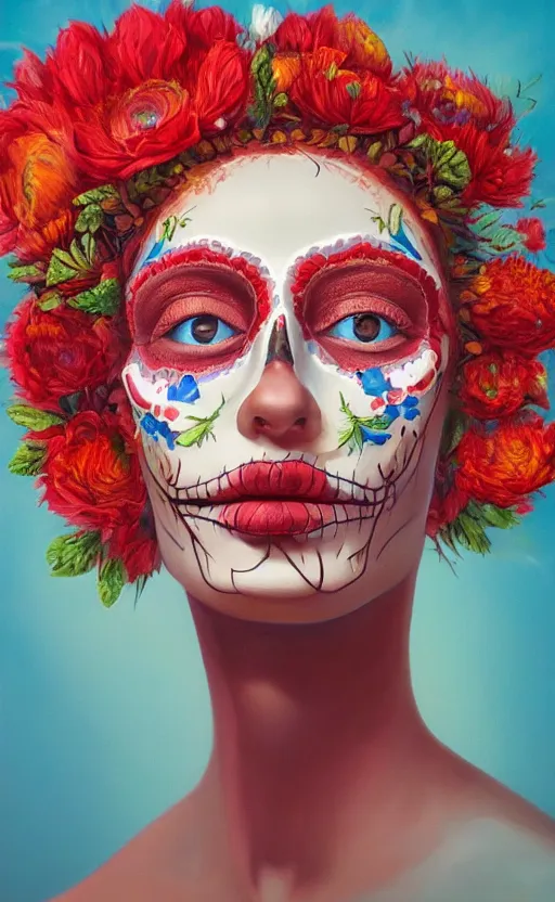 Image similar to a red oil painting hyperrealism of a beautiful woman, flowers, dia de los muertos makeup, floral headdress, 8 k resolution, octane render, trending on artstation, by gediminas pranckevicius, volumetric light 2 blue fractal thunder glow by dan mumford, anaglyph effect, laurie lipton