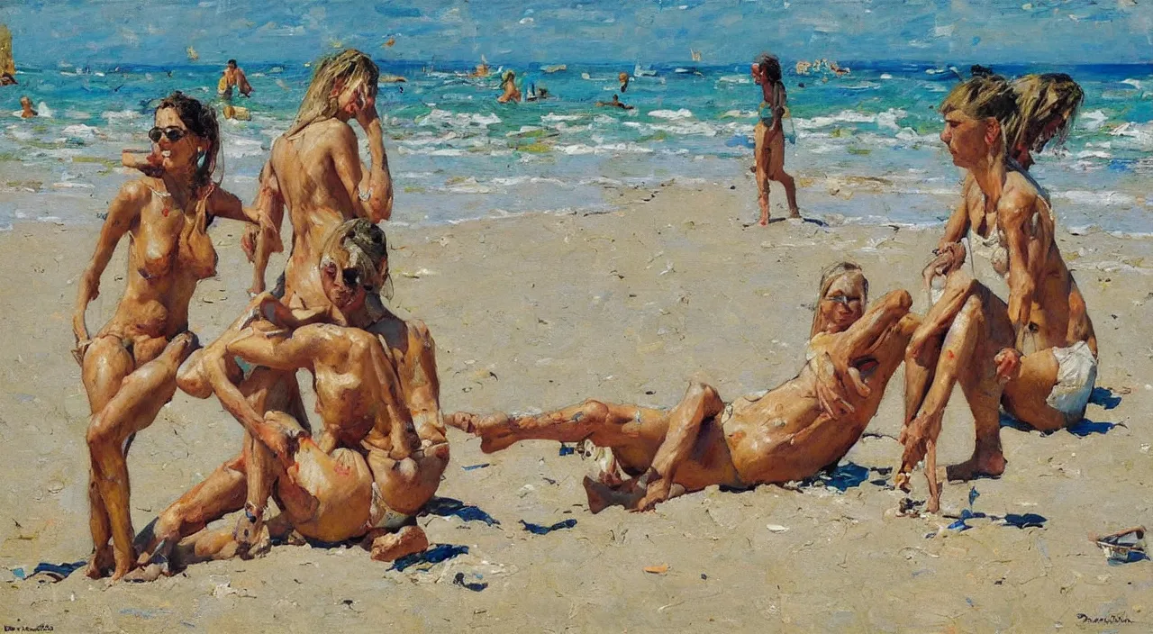 Prompt: on the beach, painting by denis sarazhin