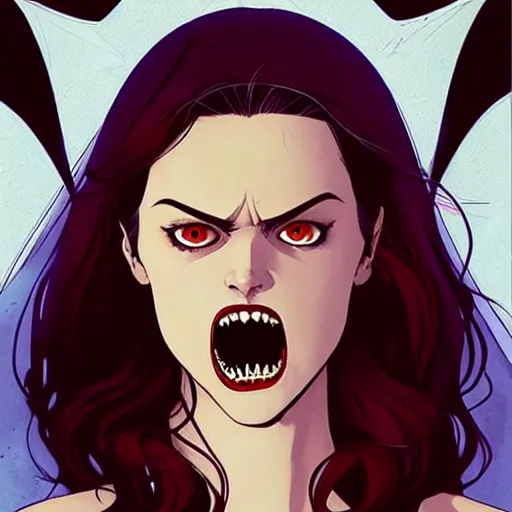 Image similar to Rafeal Albuquerque comic art, Joshua Middleton comic art, pretty Phoebe Tonkin vampire sharp teeth, fully red eyes no pupils, razor sharp teeth open mouth evil smile, horror, symmetrical face, symmetrical eyes, pretty white dress, short black hair, full body:: snow outside::