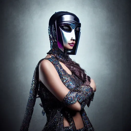 Prompt: sci - fi, fantasy arabian woman with mask, portrait photo, studio light, hdr, commercial shot, dark background, futuristic, luxury