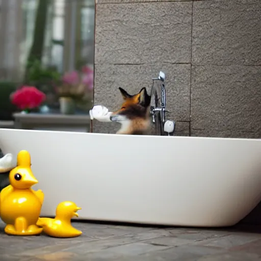 Prompt: fox taking a bubble bath with rubber ducks