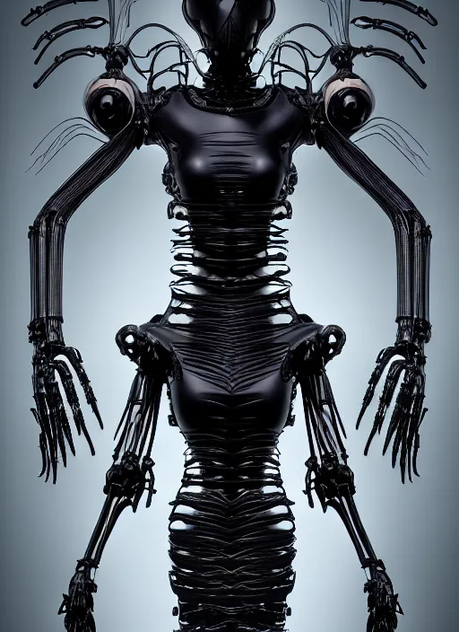 Image similar to gothic inflateble dark dress, perfect symmetrical body, helmet on face, full body shot, alien, plant predator, guyver, giger, wires, tubes, veins, jellyfish, white biomechanical details, wearing epic bionic cyborg implants, masterpiece, intricate, biopunk, vogue, highly detailed, artstation, concept art