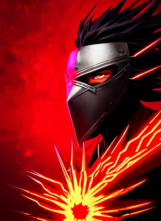 Image similar to a striking cinematic full body manga portrait of a long black haired masked male teenager wearing imposing red jagged spiked plate armour and glowing with raging powerful red energy by hirohiko araki and beeple, fine details, digital art, character concept art, volumetric lighting, cinematic light, photorealistic