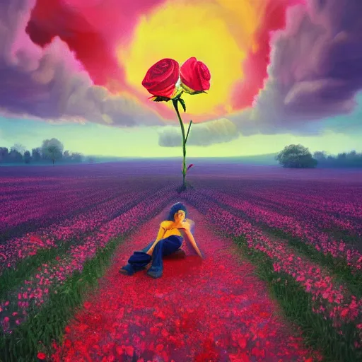 Image similar to giant rose flower as a head, full body girl sitting in a flower field, surreal photography, sunrise, dramatic light, impressionist painting, colorful clouds, digital painting, artstation, simon stalenhag