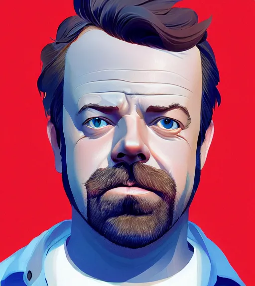 Image similar to face icon stylized minimalist jason sudeikis with mustache wearing blue shirt white color, loftis, cory behance hd by jesper ejsing, by rhads, makoto shinkai and lois van baarle, ilya kuvshinov, rossdraws global illumination