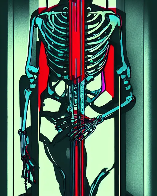 Prompt: dramatic cyberpunk portrait of a skeleton in a suit, red green blue color glow, atmospheric haze, intense shading, backlit