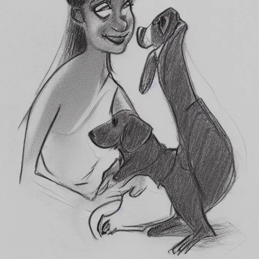 Image similar to milt kahl sketch of black hair cuban girl with dog nose