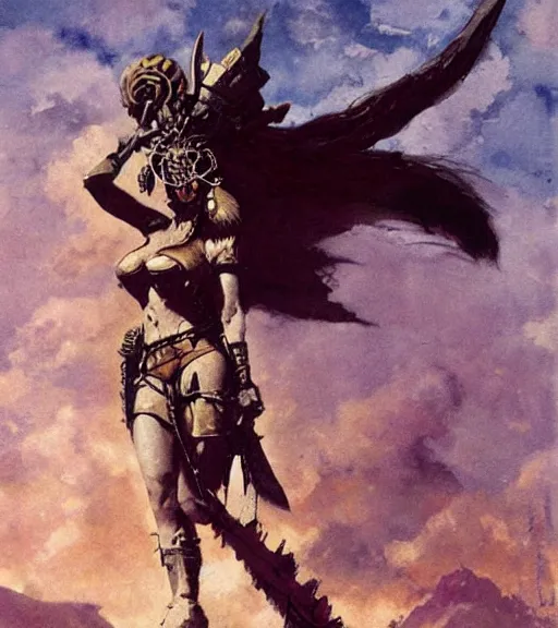 Prompt: mighty princess of the wasteland, scrap metal headdress, damaged building, strong line, deep color, cloudy sky, beautiful! coherent! by brom, by frank frazetta,