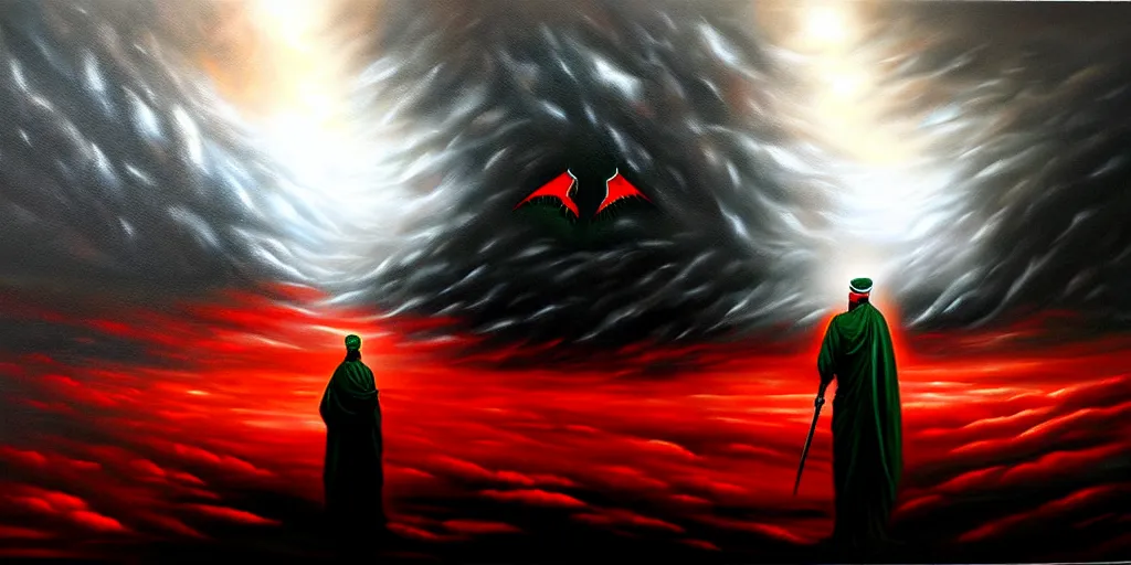 Image similar to dramatic epic dark oil painting of freedom for palestine, red green white black