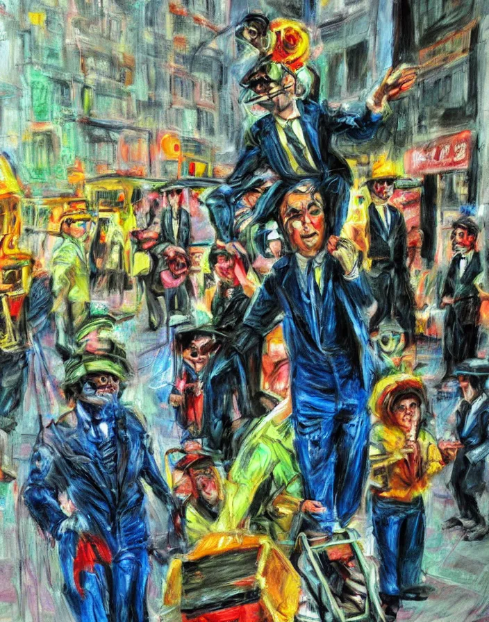 Image similar to 1970s midget street performers dressed in suits with cart tvs on their head, conteporary art show, photorealistic, expressionism, masterpiece, perfect composition, hyperrealistic, spectacular quality, intricate oil pastel glow, dynamic lighting, photorealistic, ambient lighting, atmospheric, stunning visuals, creative, cinematic, ultra detailed, trending on art station