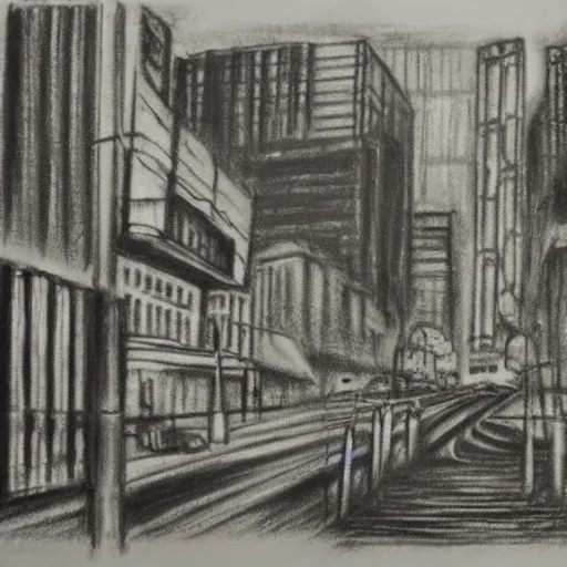 Prompt: charcoal drawing of a cyberpunk city