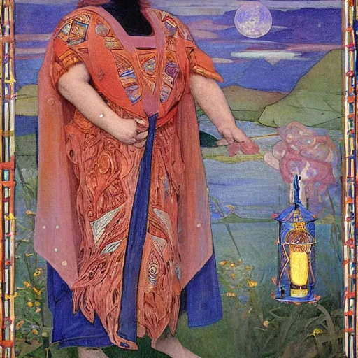 Image similar to queen of the dawn with her lantern and regalia, by Annie Swynnerton!! and Nicholas Roerich! and ((((((Tino Rodriguez and Diego Rivera)))))), embroidered robes, floral tattoos, bioluminescent skin!, elaborate costume, geometric ornament, symbolist, soft colors, dramatic lighting, smooth, sharp focus, extremely detailed