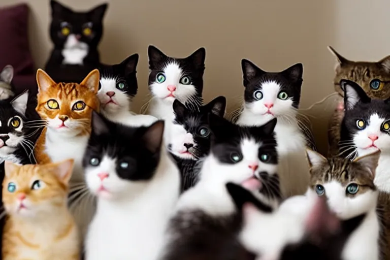 Image similar to a living room full of cats that are looking directly into the focal point of the camera