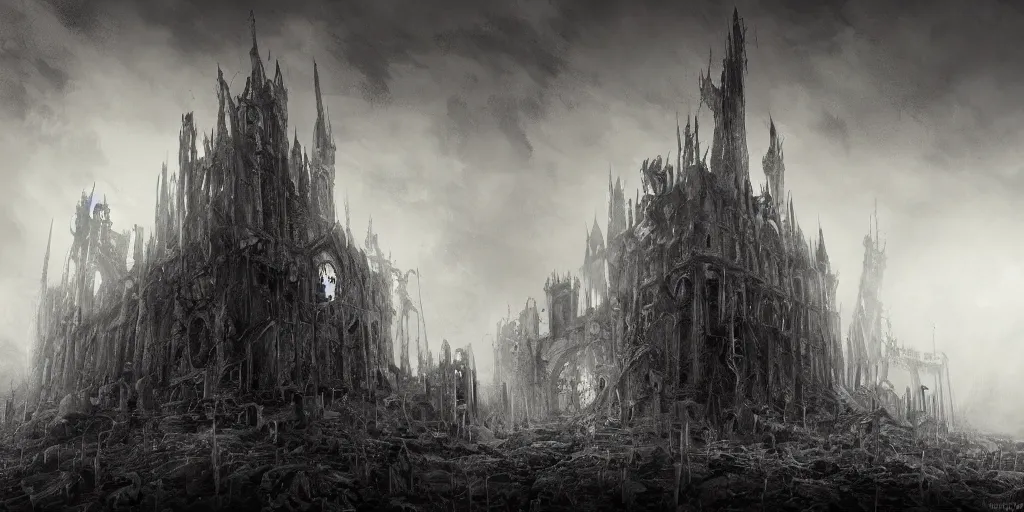 Image similar to grimdark chaos fortress, ruined, terrifying architecture, looming, dark, fog, dark souls, hyperrealistic, artstation