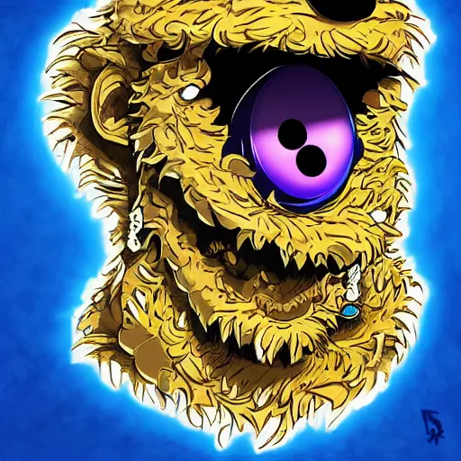 Prompt: Cookie monster as a rapper, grillz and face tattoo, sharp colors, by antgerm