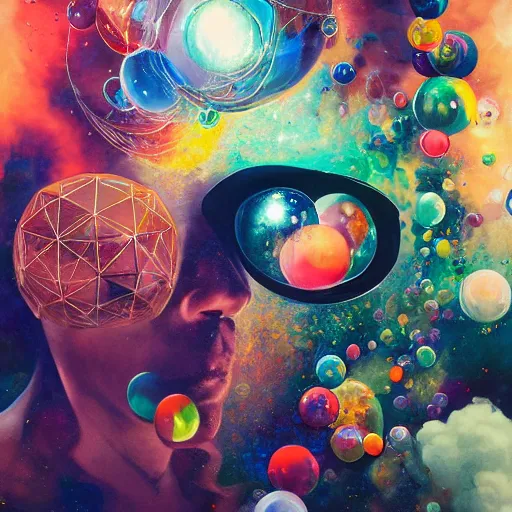 Prompt: surreal gouache painting, yoshitaka amano, ruan jia, conrad roset, kilian eng, balls, bubbles, orbs, spheres, incredibly detailed, of floating molecules and a mannequin artist holding an icosahedron with stars, clouds, and rainbows in the background, retrowave, modular patterned mechanical costume headpiece, artstation