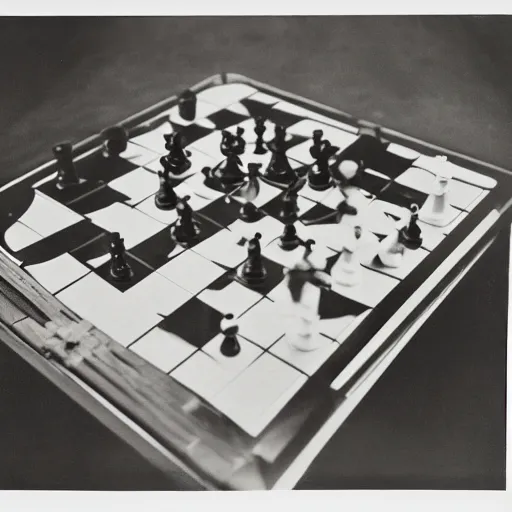 Image similar to A chessboard connected to a machine in a vast white room, Marcel Duchamp, Irving Penn, occult cyberpunk, 1919