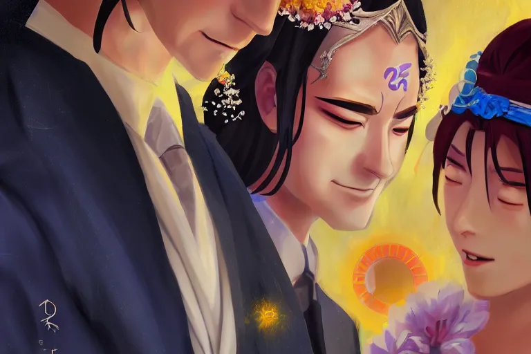 Image similar to a cinematic portrait of wedding photograph jpeg close up moment of a divine a japan sun god and moon goddess lovers magician at a wedding banquet. portraiture. digital painting. artstation. concept art. wedding photo. digital painting. naruto the movie art masterpiece by art by krenz cushart