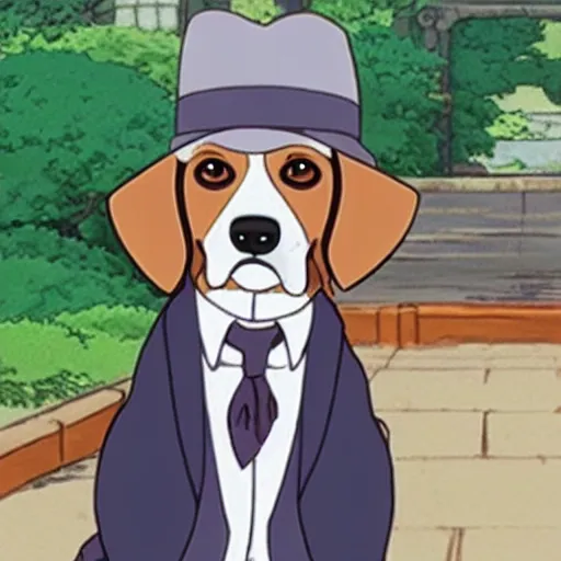 Image similar to a beagle wearing a business suit and fedora, studio ghibli