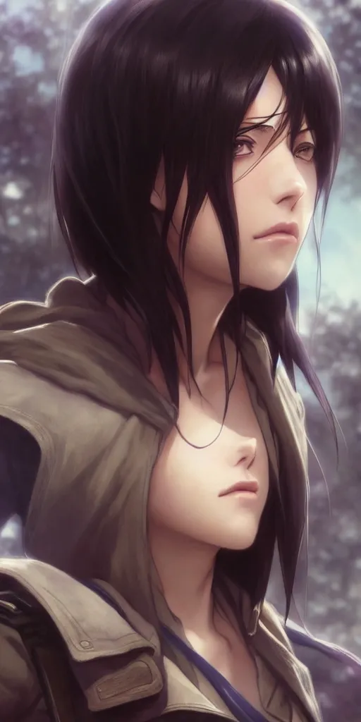 Image similar to mikasa ackerman, hero pose, medium shot, bokeh, beautiful face!!!!, 2 7 years old, cg animation, lifelike, animated, realistic, character select portrait, by artgerm, greg rutkowski, alphonse mucha, 3 d