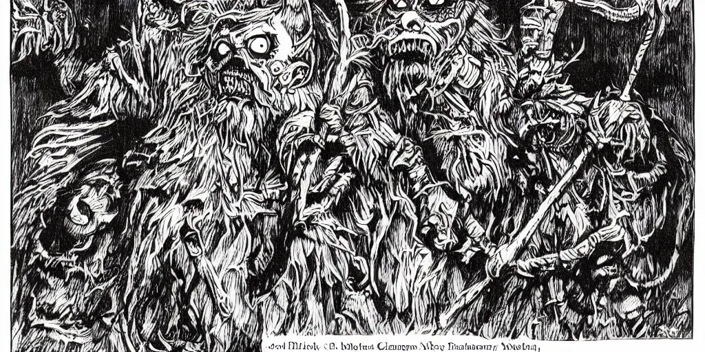 Image similar to scan of book with intricate ink drawings of tyrolean folklore masks, krampus, scary dark, dark ink, old paper