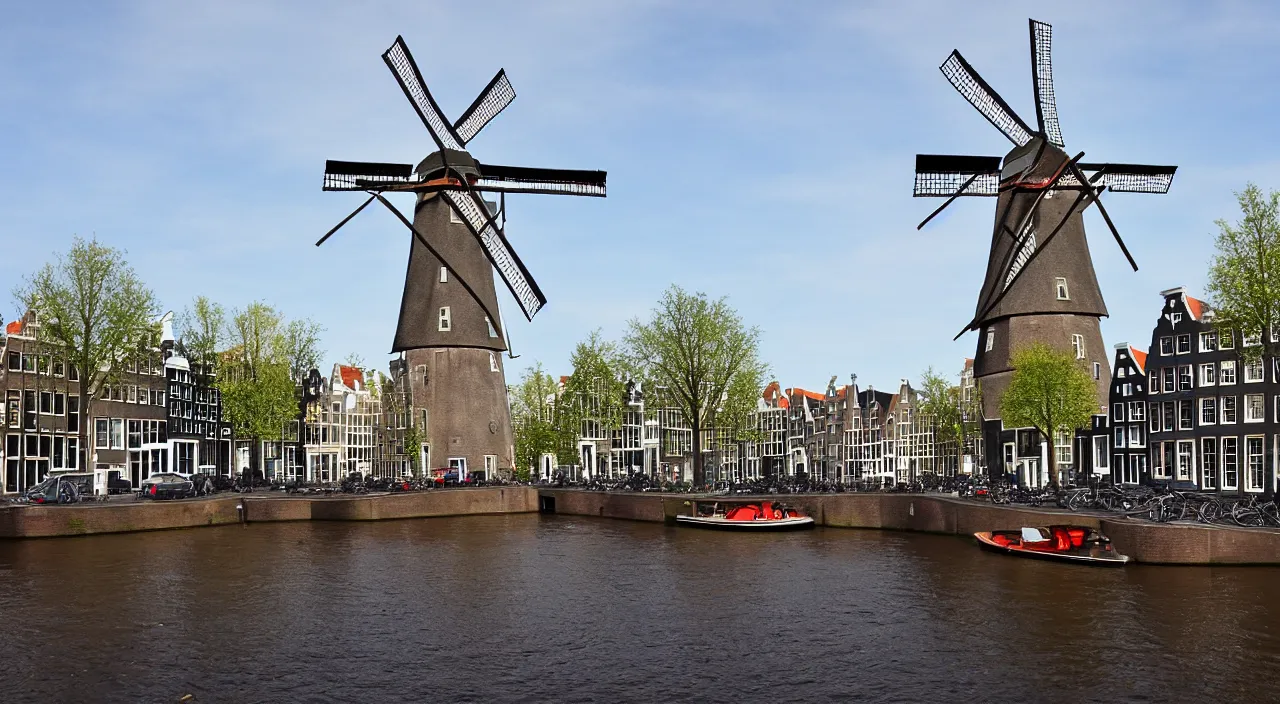 Prompt: a windmill in old amsterdam