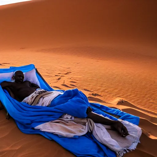 Image similar to a photo of Ghandi sleeping rough in the Sahara during eclipse sunrise, perfect lighting